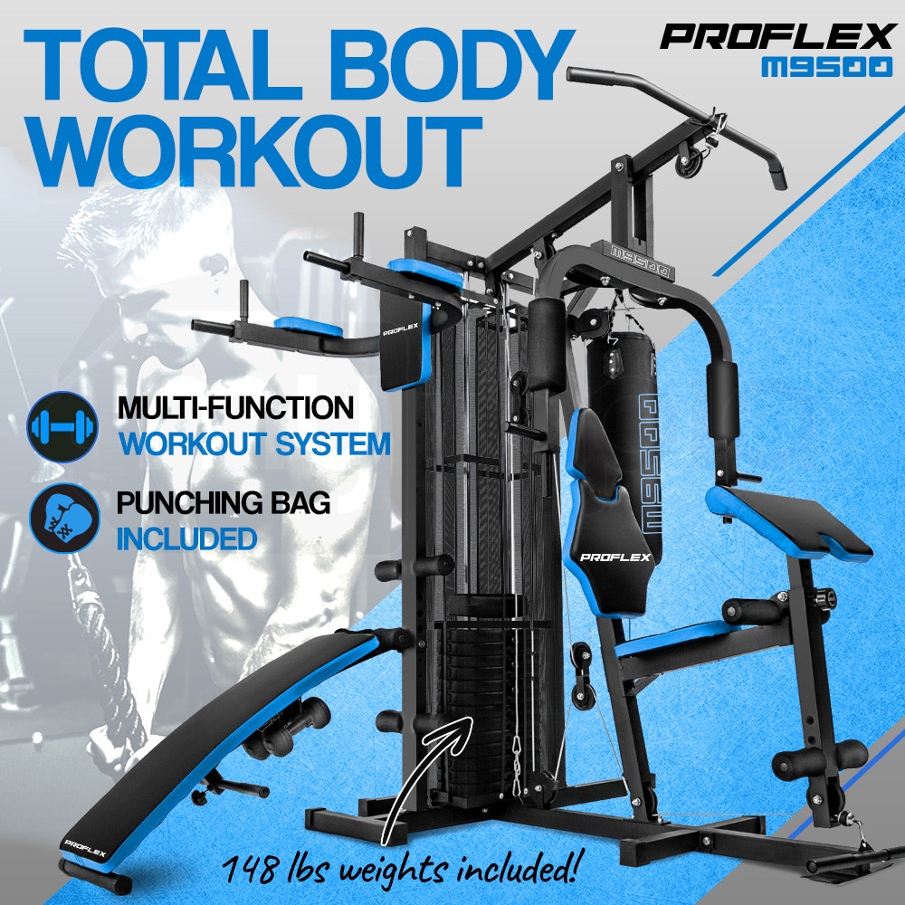 Proflex Blue Multi Station Home Gym Set with 148lbs Plates & Punching Bag- M9500