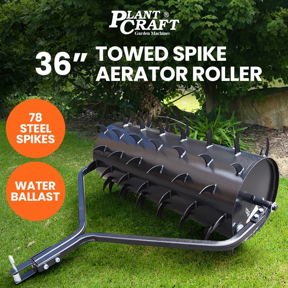 PRE-ORDER PLANTCRAFT Tow Behind Lawn Roller Spike Aerator 36" Wide, Universal Hitch for Ride on Mower, Garden Tractor