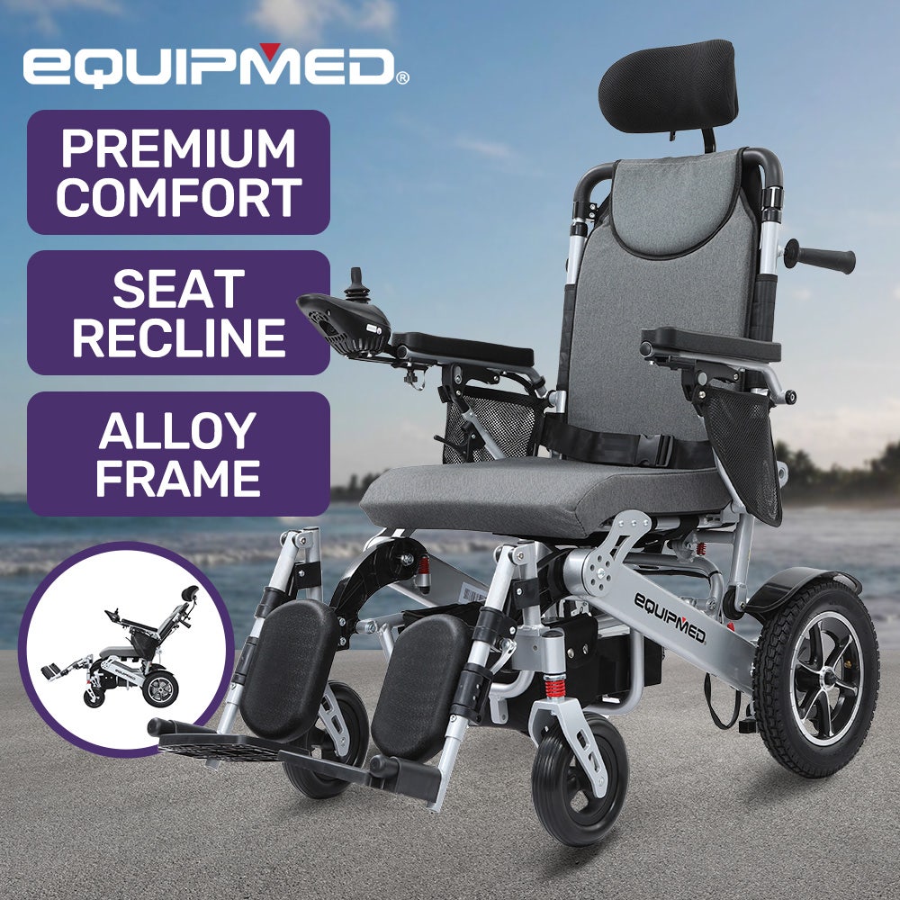 EQUIPMED Power Electric Wheelchair, Folding, Airline Approved, ARTG Certified, Recline Adjustment, Headrest, Aluminium Frame, Lithium Battery