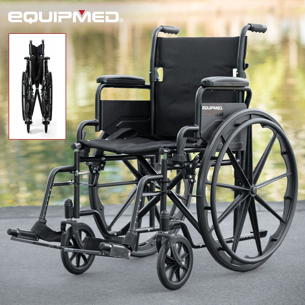 EQUIPMED Cruiseline 24" 136kg Capacity Retractable Armrests Folding Wheelchair - Black