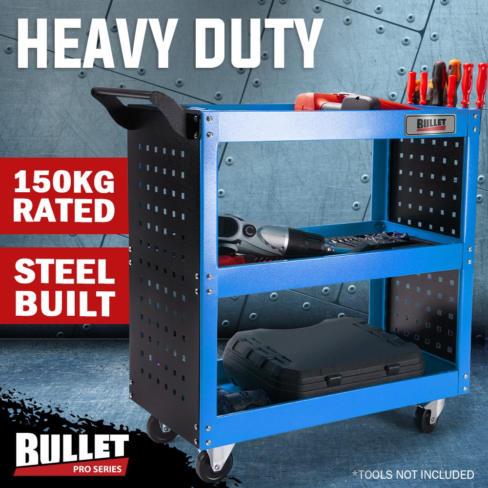 BULLET 3-Tier Steel Tool Trolley Cart, for Workshop, Mechanic, with Pegboard, Screwdriver Bay, Blue