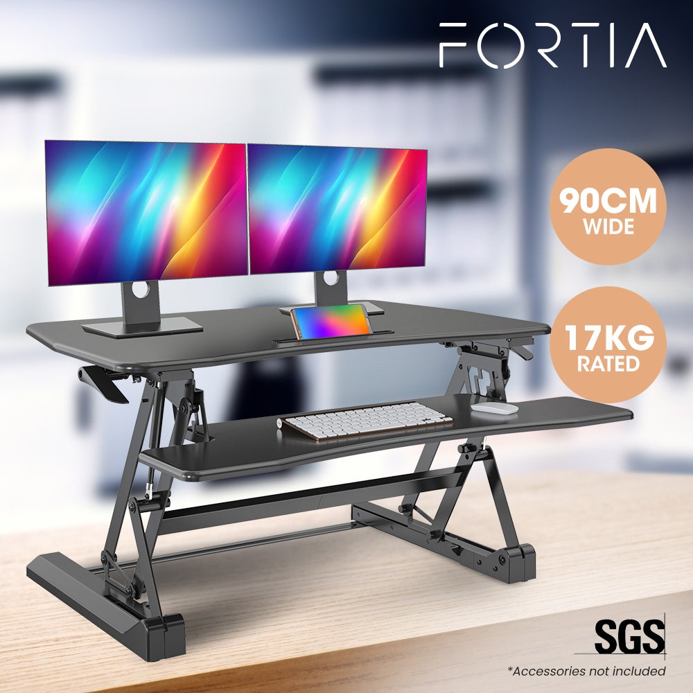 FORTIA Desk Riser 90cm Wide Adjustable Sit to Stand for Dual Monitor, Keyboard, Laptop, Black