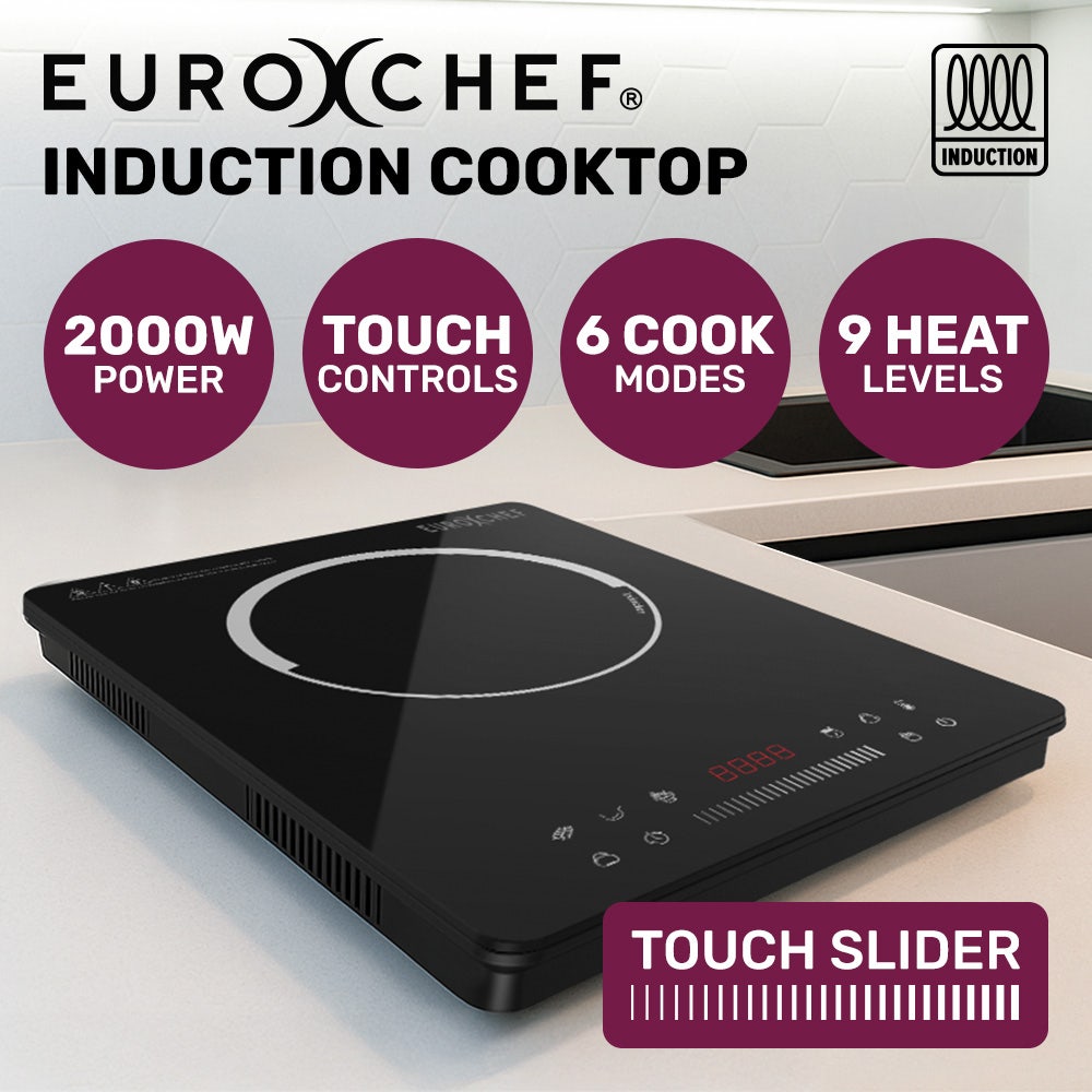 EUROCHEF Induction Cooktop, 2000W, 9 Heat Levels, Fast Electric Portable Cooker, Touch Controls with Slider