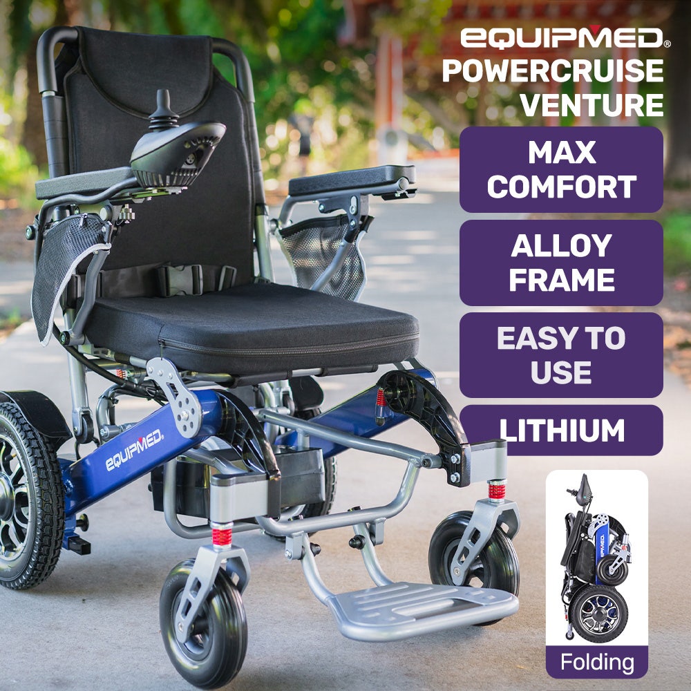 EQUIPMED Power Electric Wheelchair, Long Range, Airline Approved, Folding, Aluminium Frame, Lithium Battery, Blue