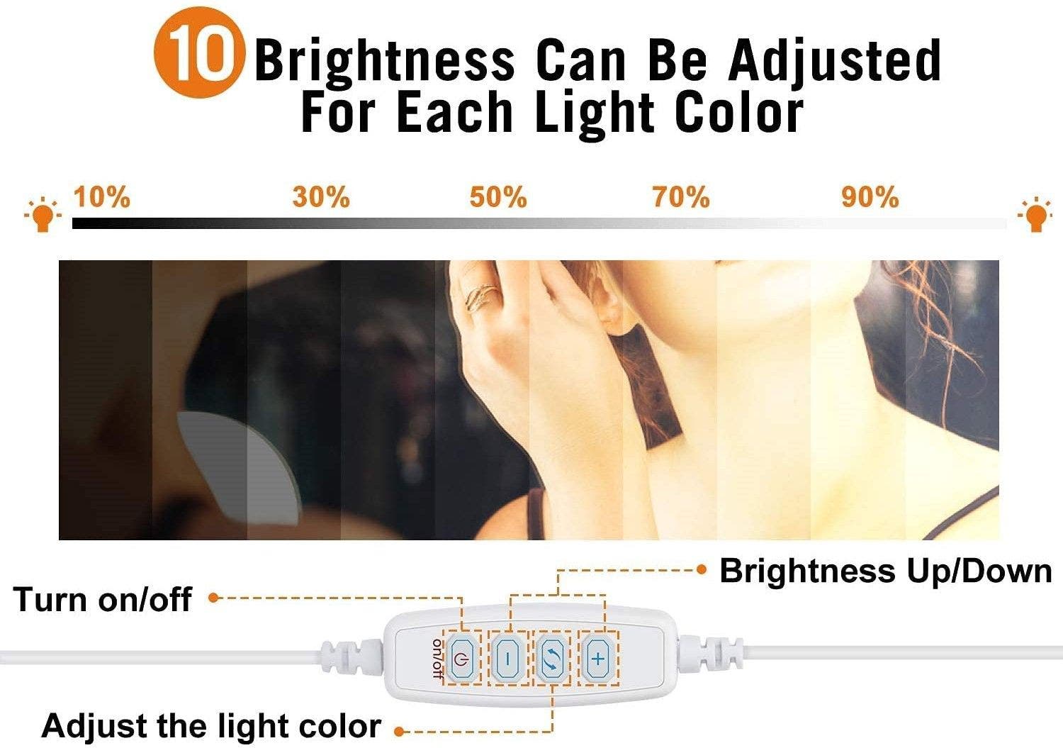 Hollywood Vanity Style LED Makeup Lights with 3 Color Modes Lights with 10 Dimmable Bulbs (Mirror Not Included)