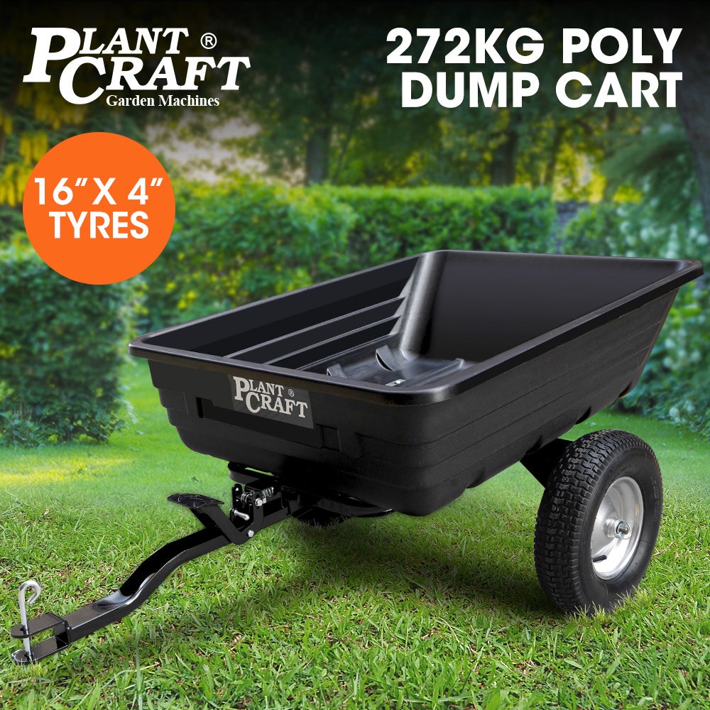 PLANTCRAFT Poly Dump Cart, 272kg Load Heavy Duty Tipper Trailer, 16-inch Tyres, for Ride-on Lawn Mower Tractor, ATV, Quad Bike