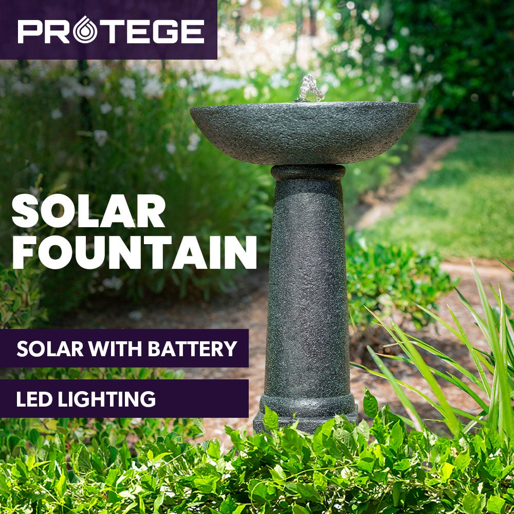 PROTEGE Bird Bath Solar Water Feature Fountain, Contemporary Birdbath Design, with Panel Kit, LED Lights, Dark Grey