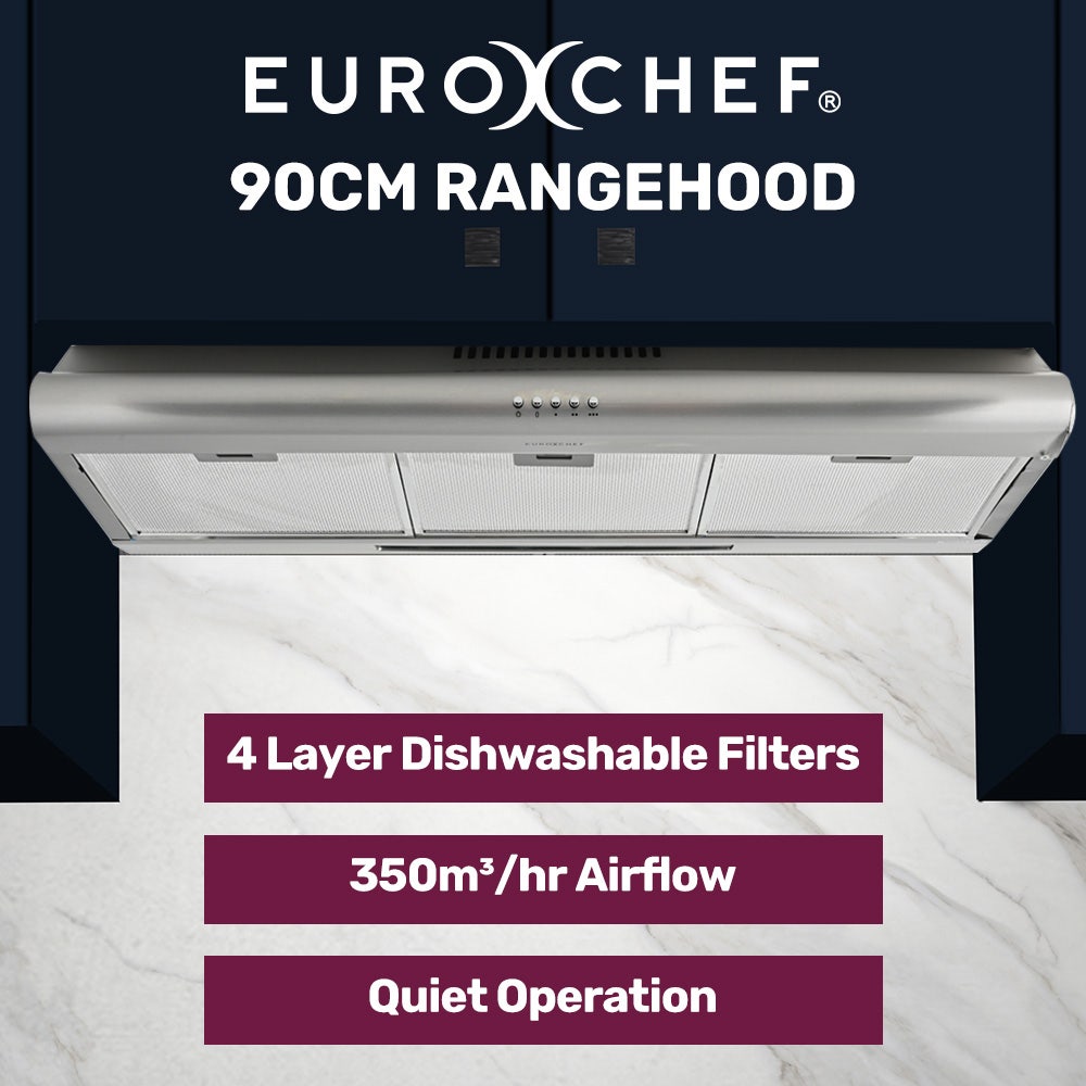 EUROCHEF 90cm Fixed Stainless Steel Rangehood, Quiet 3-Speed, 4-Layer Dishwashable Filters, Halogen Lights EFR90S
