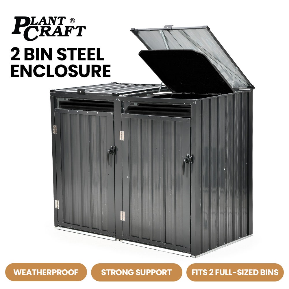 PLANTCRAFT Double Steel Wheelie Garbage Bin Storage Shed, Enclosure with 2 Opening Doors