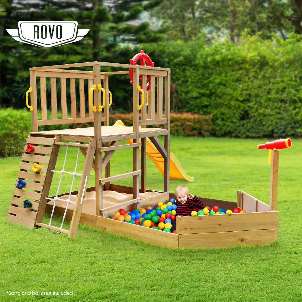 ROVO KIDS Boat-Shaped Wooden Sand Pit Tower with Slide and Climbing Wall