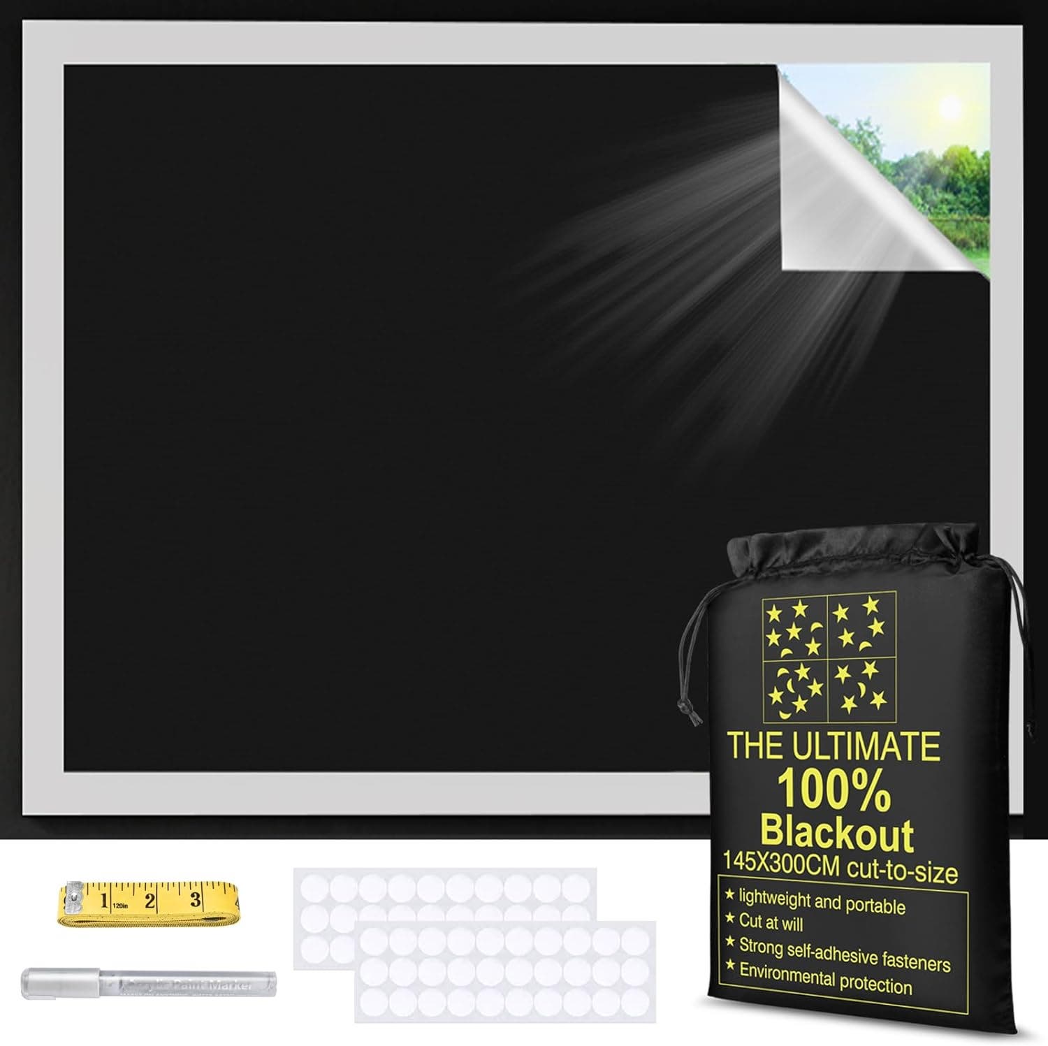 Carla Home Vikus 300 x 145cm Home & Travel Velcro Install Blackout Curtain Kit
