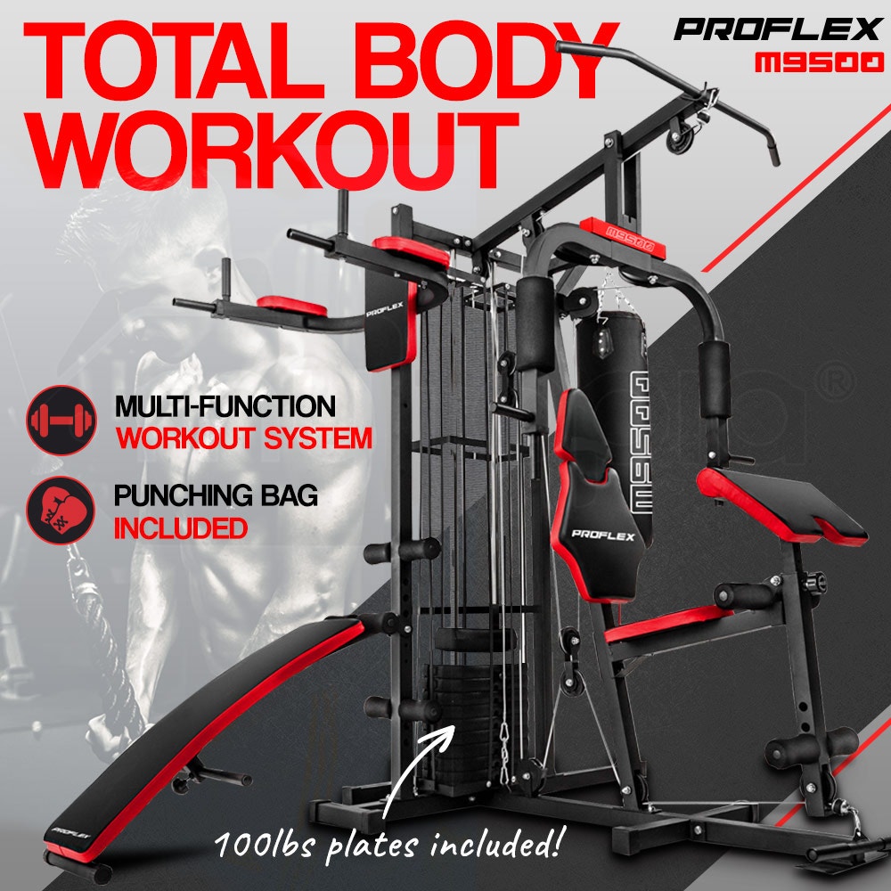 Proflex Red Multi Station Home Gym Set with 100lbs Plates & Boxing Bag- M9500