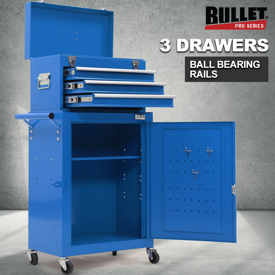 BULLET Pro 3 Drawer Tool Box Cabinet Trolley Storage, with 1-Door Toolbox Garage Organiser Set, Blue