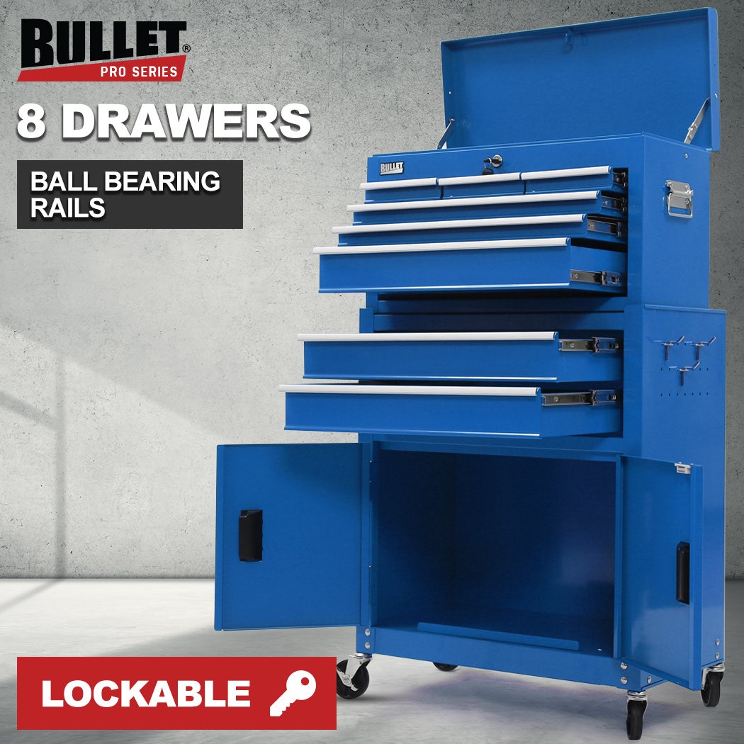 BULLET Pro 8 Drawer Tool Box Chest Cabinet Storage, with 2-Door Toolbox Garage Organiser Set, Blue