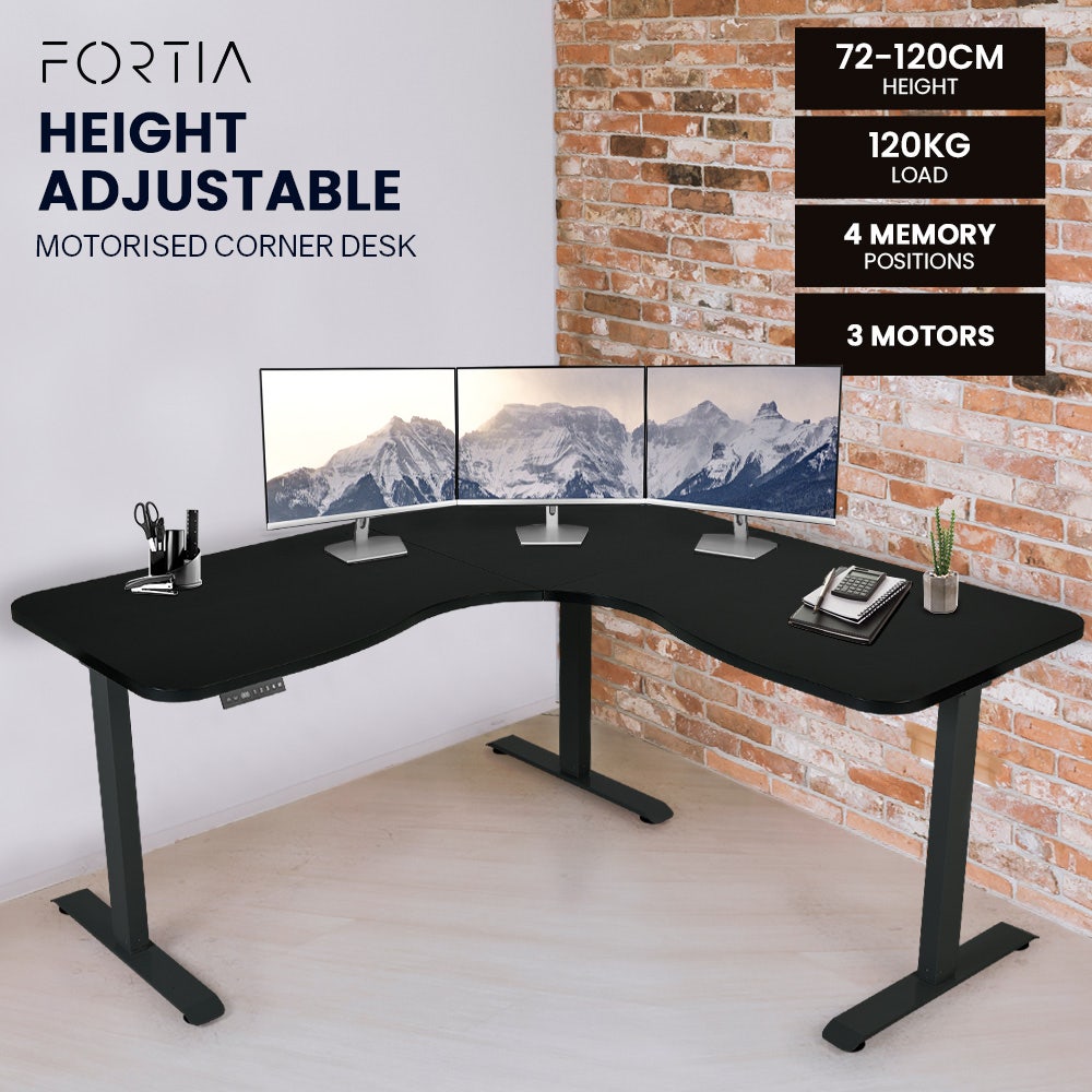 FORTIA Corner Standing Desk, 1730W x 1730W x 750D, 3 Motors, 120kg Load, Sit to Stand Up Electric Height Adjustable, Black/Black Frame