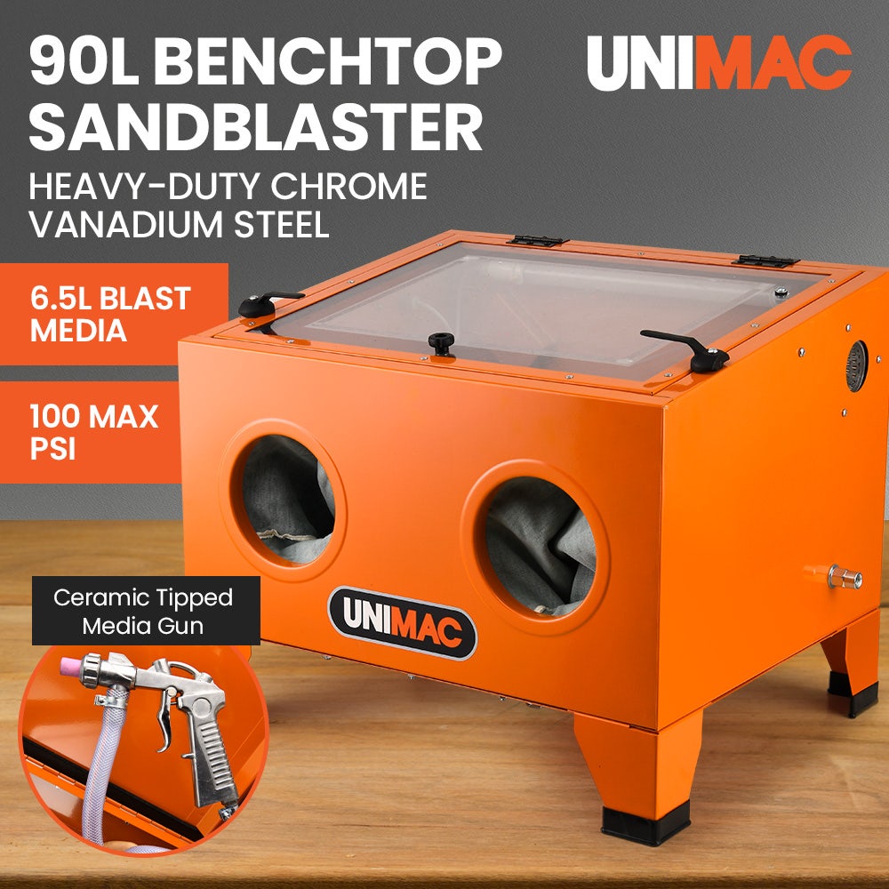 UNIMAC 90L Benchtop Sandblasting Cabinet, with Sandblast Gun Set with Hose, LED Light