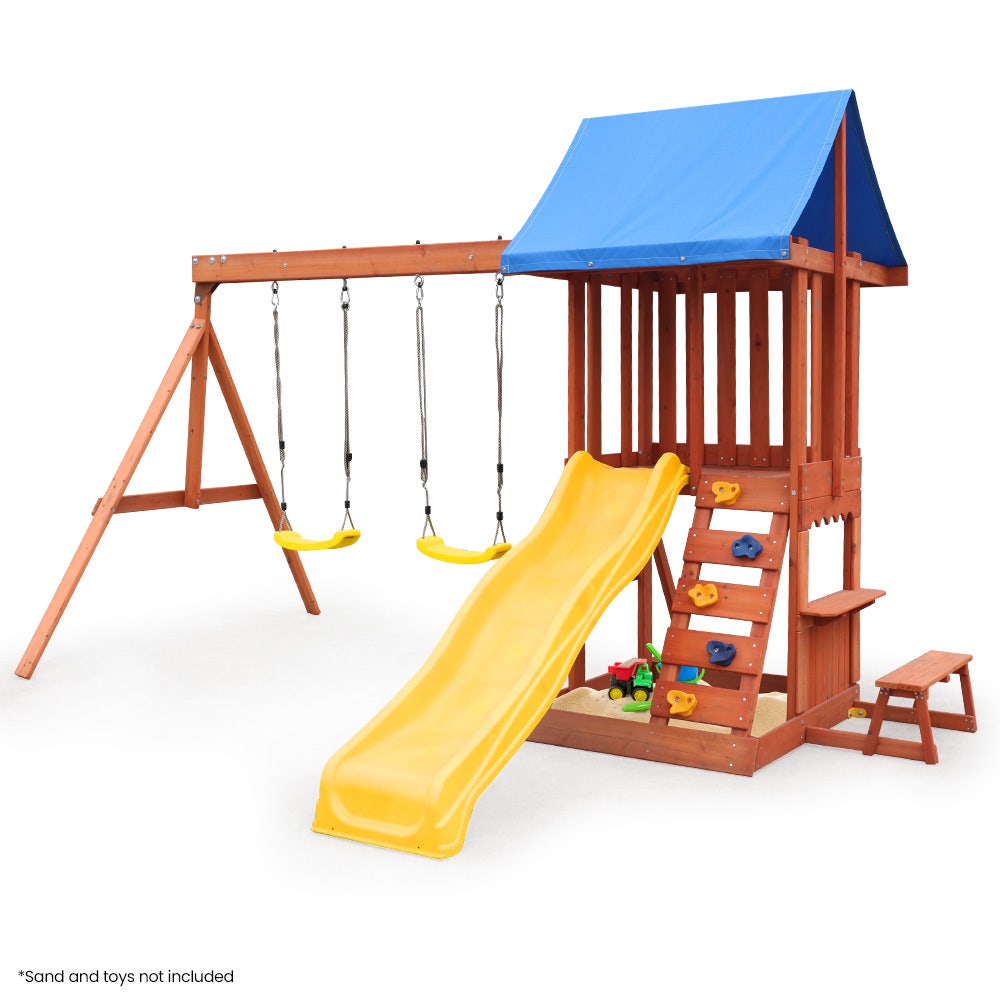 ROVO KIDS Outdoor Slide and Swing Play Set with Climbing Wall and Sandpit