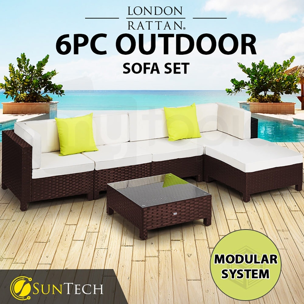 LONDON RATTAN Modular Sofa Outdoor Setting Furniture 6pc Wicker Brown Cream