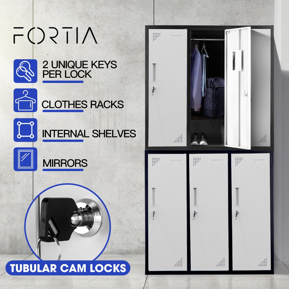 FORTIA 6 Door Metal Storage Cabinet Lockers for Gym Office - Black and Grey