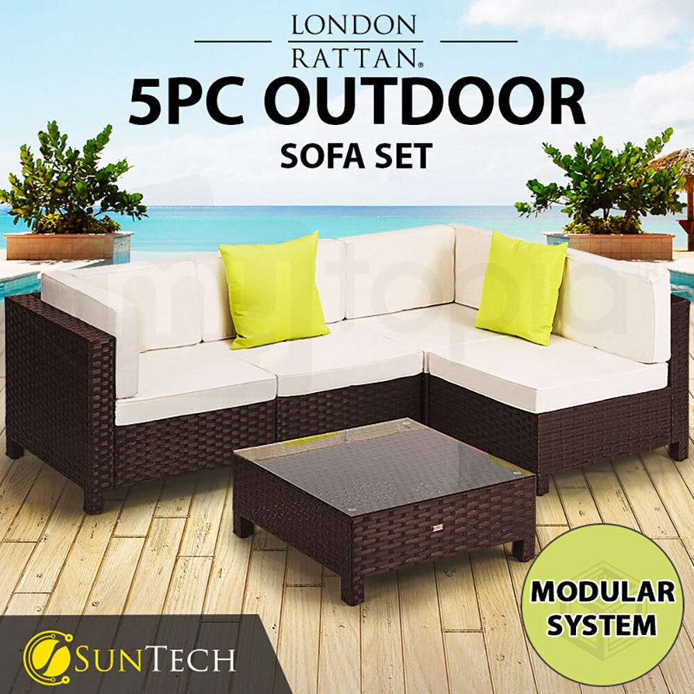 LONDON RATTAN 4 Seater Modular Outdoor Lounge Setting w/ Coffee Table, Brown