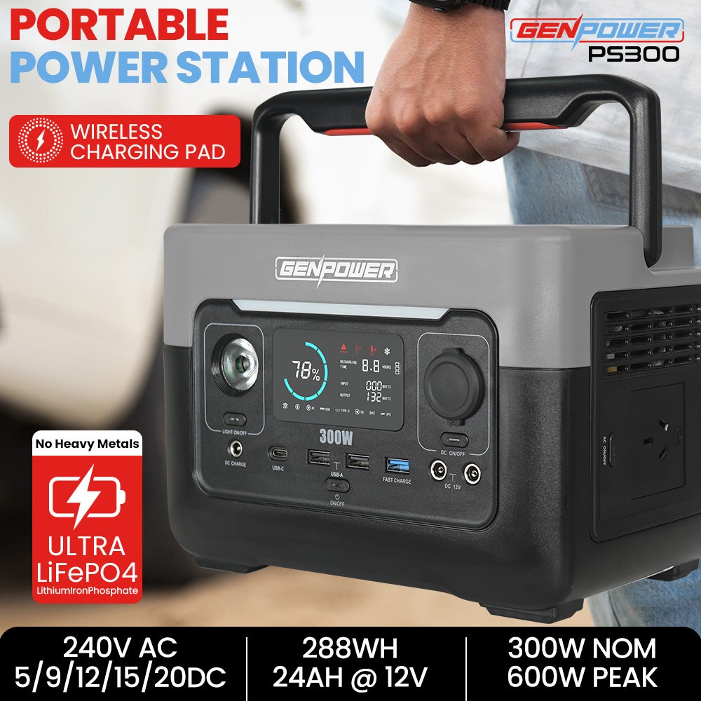 GENPOWER 300W Portable Lithium Power Station 288Wh LiFePo4, Multiple Voltage Output, 15W Wireless Charger, Ideal for Camping, Home Backup and Power Tools