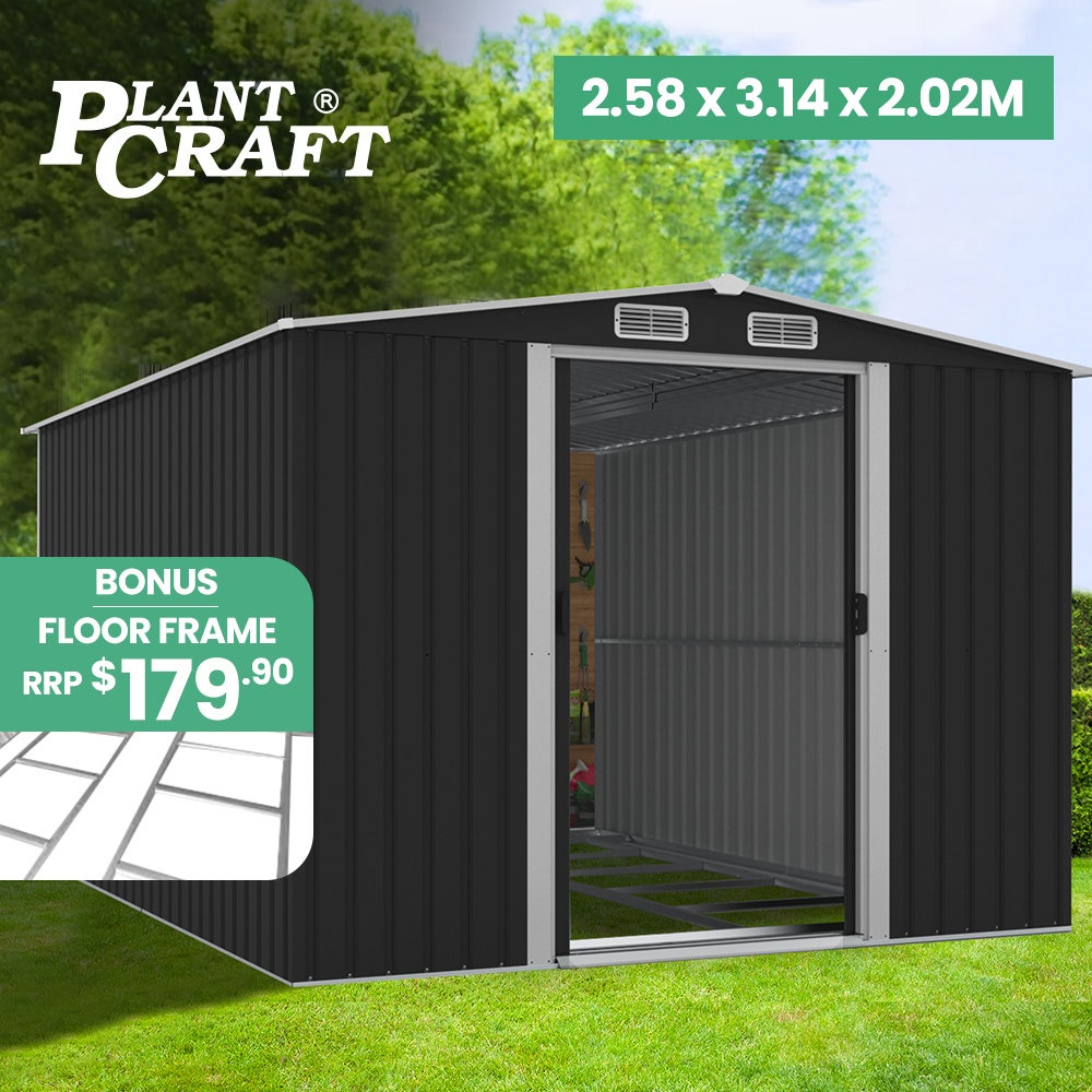 PLANTCRAFT Galvanised Steel Garden Shed 2.58 x 3.13 x 2.02m, with 2 Sliding Doors, 4 Air Vents, Gable Roof, Floor Frame