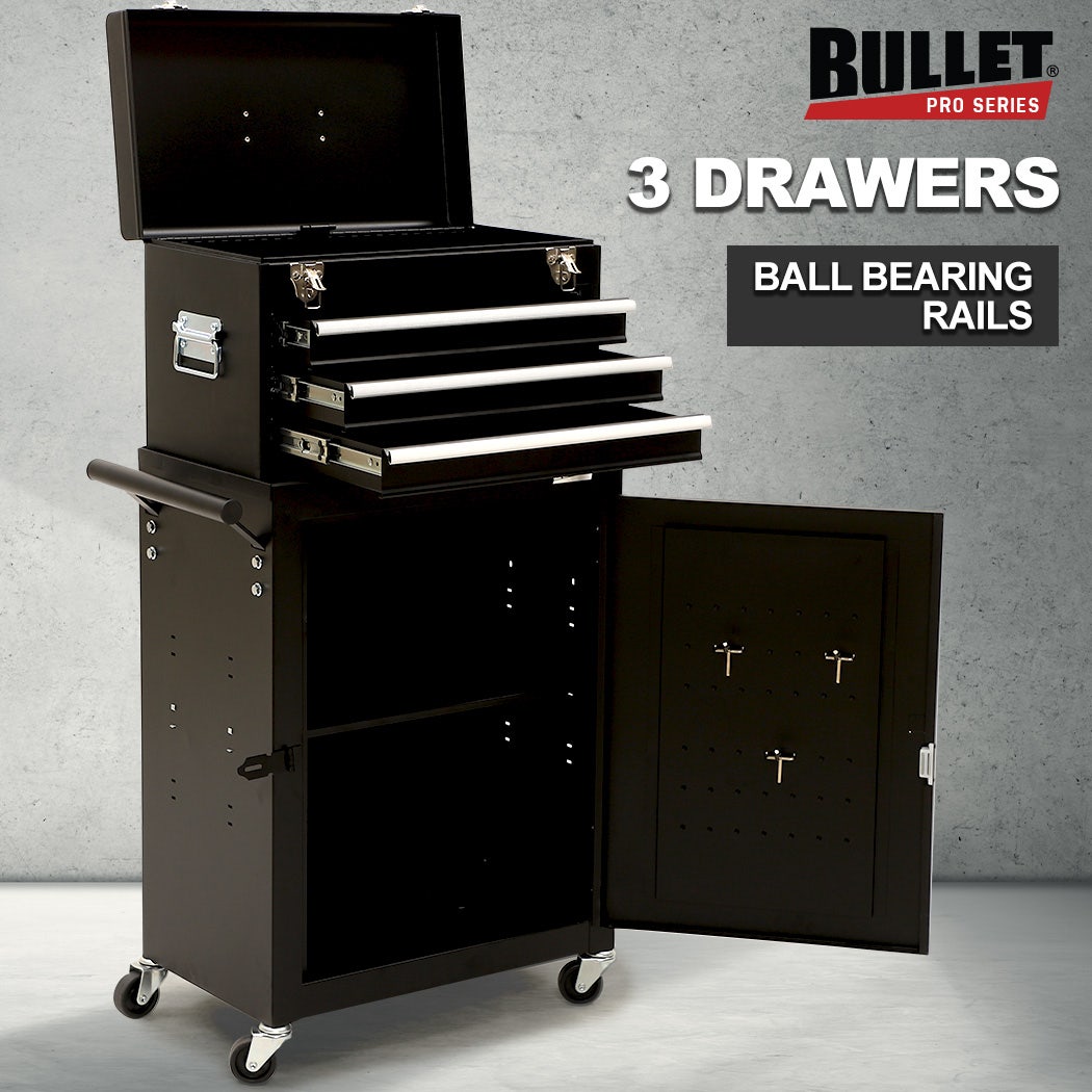 BULLET Pro 3 Drawer Tool Box Cabinet Trolley Storage, with 1-Door Toolbox Garage Organiser Set, Black