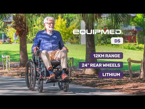 EQUIPMED Electric Wheelchair Folding, Airline Approved, Long Range, Lithium Battery, 24" Rear Wheels, Black