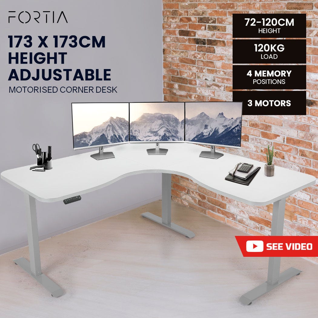 FORTIA Corner Standing Desk, 1730W x 1730W x 750D, 3 Motors, 120kg Load, Sit to Stand Up Electric Height Adjustable, White/Silver Frame