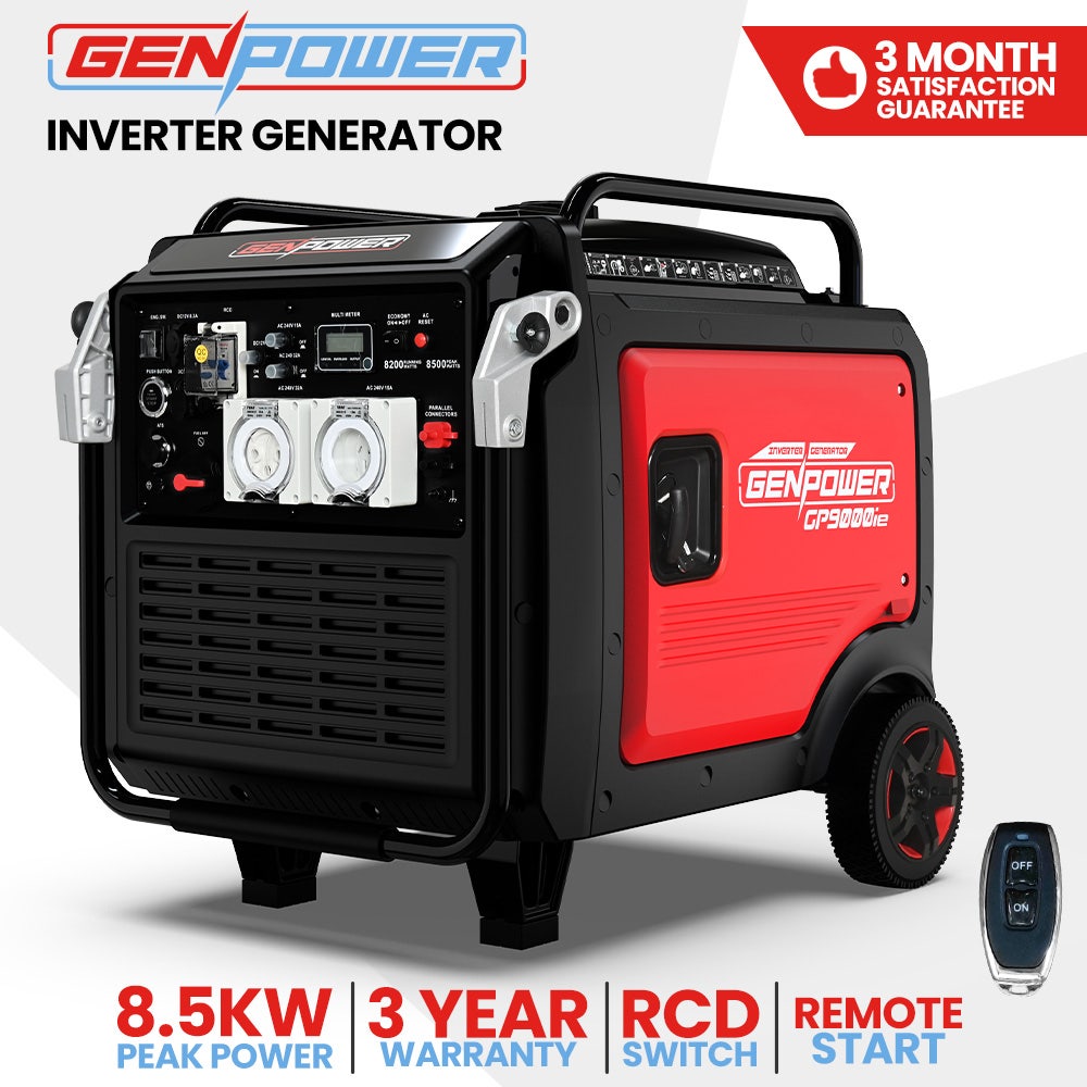 GENPOWER 8.5kW Peak 8.2kW Inverter Generator, Push Button & Remote Start, ATS Compatible, RCD, Portable w/ Wheels, 27L Fuel Tank, Grid Power Home Backup