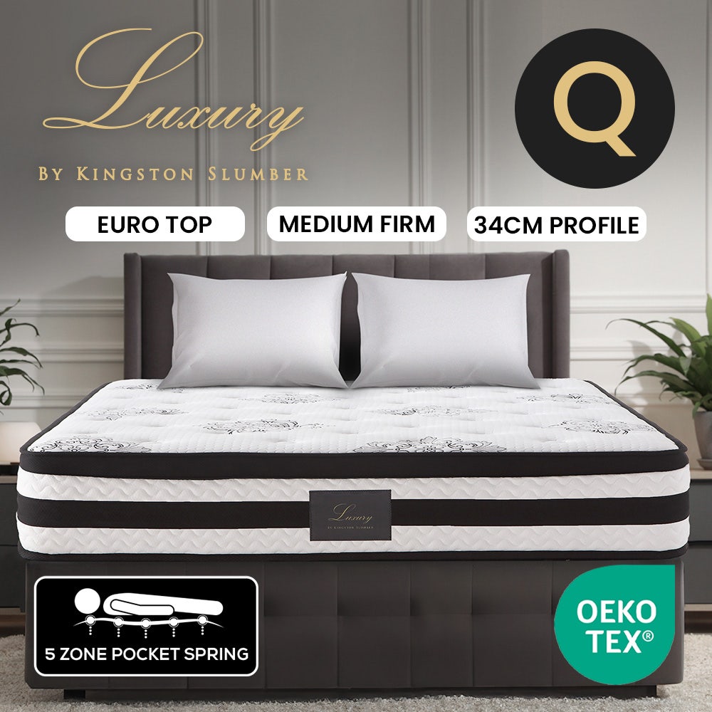 KINGSTON SLUMBER Luxury 34cm Queen Mattress, Medium Firm, Euro Top, 5-Zone Pocket Spring Foam