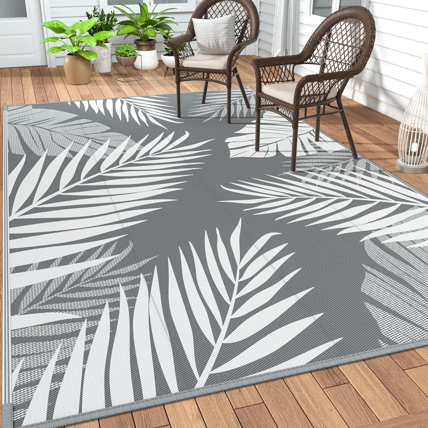 Carla Home Vikus 245 x 150cm Palm Leaf Design Reversible Waterproof Extra Large Outdoor Rug