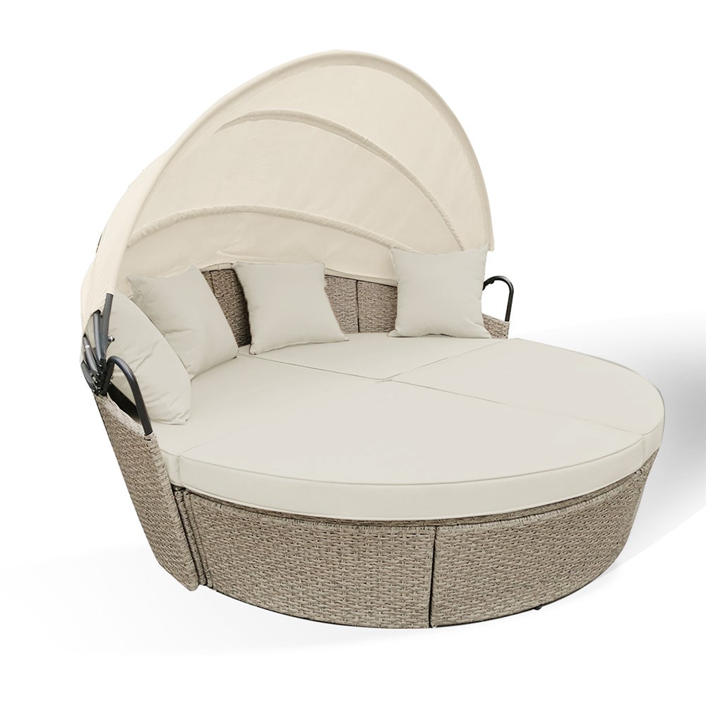 LONDON RATTAN 3pc Day Bed Round Lounge Outdoor Furniture, Beige Wicker and Canopy