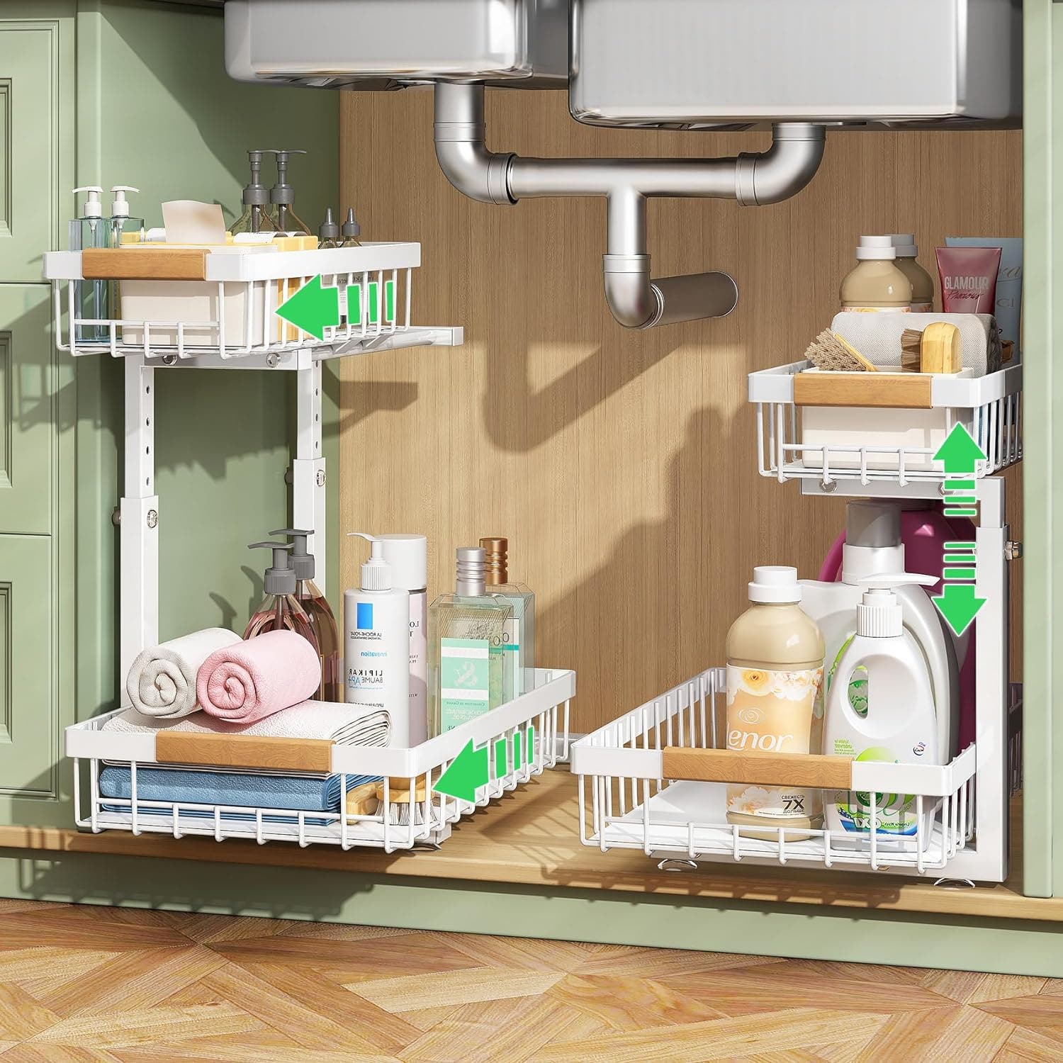 CARLA HOME 2-Tier Height Adjustable Suction Cupped Sliding Under-sink Organiser - White