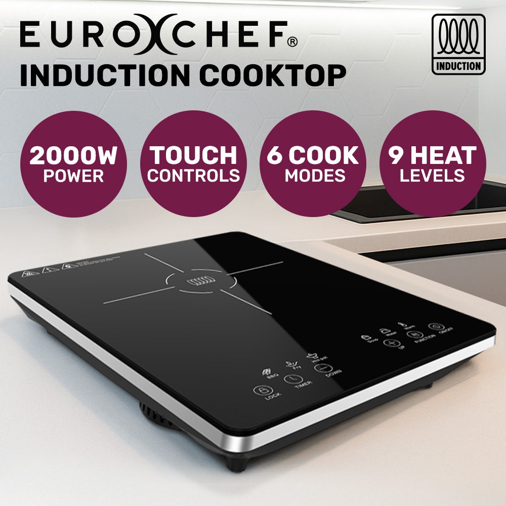 EUROCHEF Induction Cooktop, 2000W, 9 Heat Levels, Fast Electric Portable Cooker, Touch Controls
