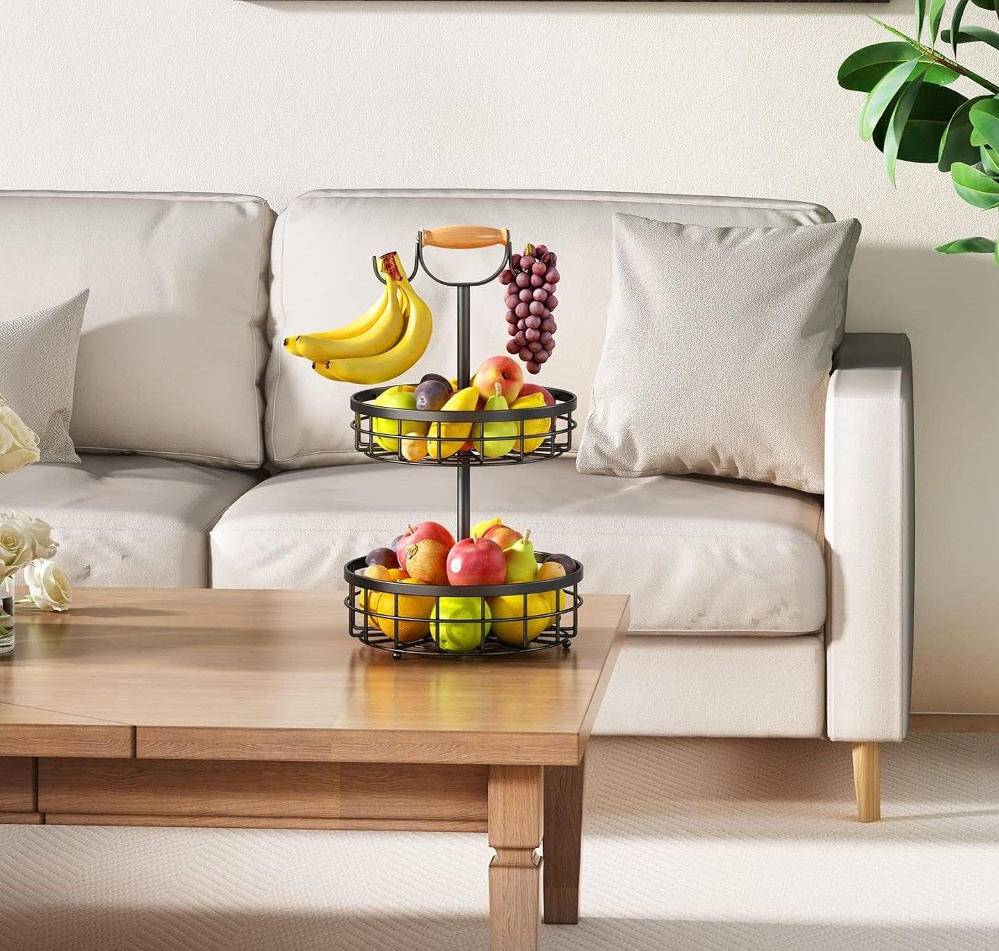 CARLA HOME 2-Tier Wood Lift Handle & Dual Integrated Banana Hanger Fruit Basket Bowl