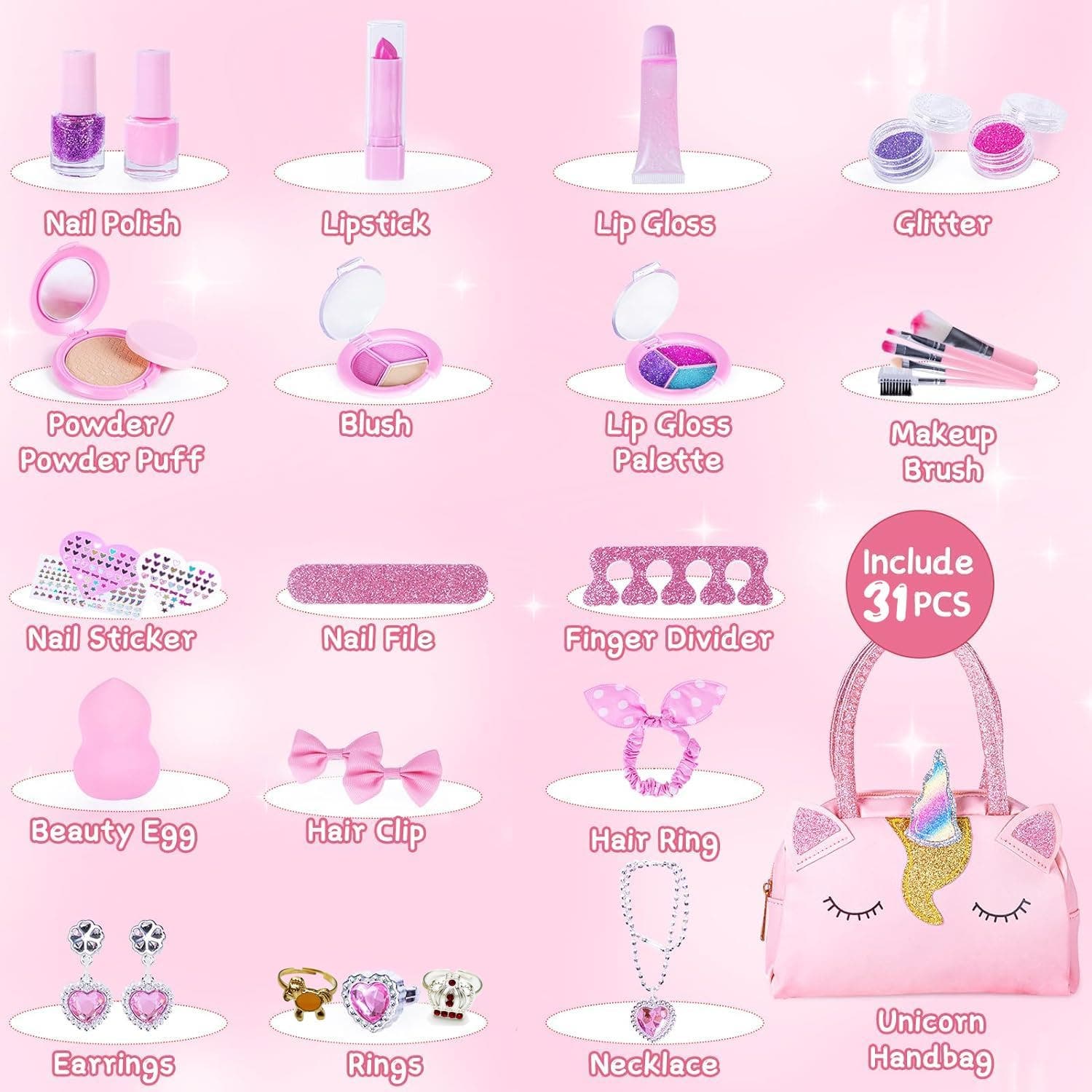 Carla Home Vikus Kids Real Washable Non-Toxic Makeup Kit with Pink Unicorn Purse