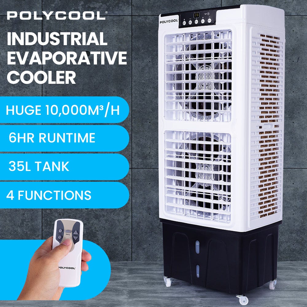 POLYCOOL 35L 220W Evaporative Air Cooler Portable Industrial Fan, Purifier, Humidifier, Remote Control