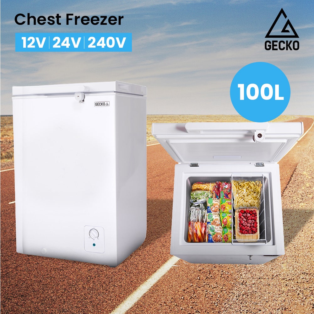 GECKO 100L Portable Chest Freezer, 12V/24V/240V for Motorhome and Caravan, White
