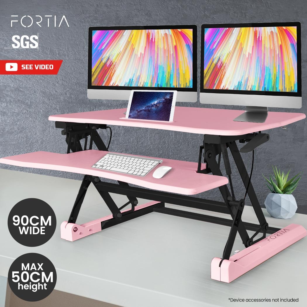 FORTIA Desk Riser 90cm Wide Adjustable Sit to Stand for Dual Monitor, Keyboard, Laptop, Pink