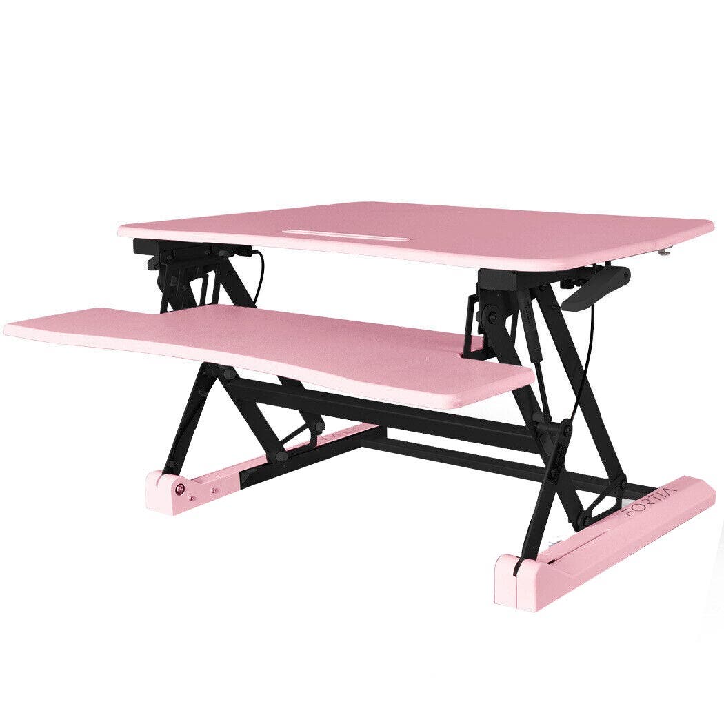 FORTIA Desk Riser 90cm Wide Adjustable Sit to Stand for Dual Monitor, Keyboard, Laptop, Pink