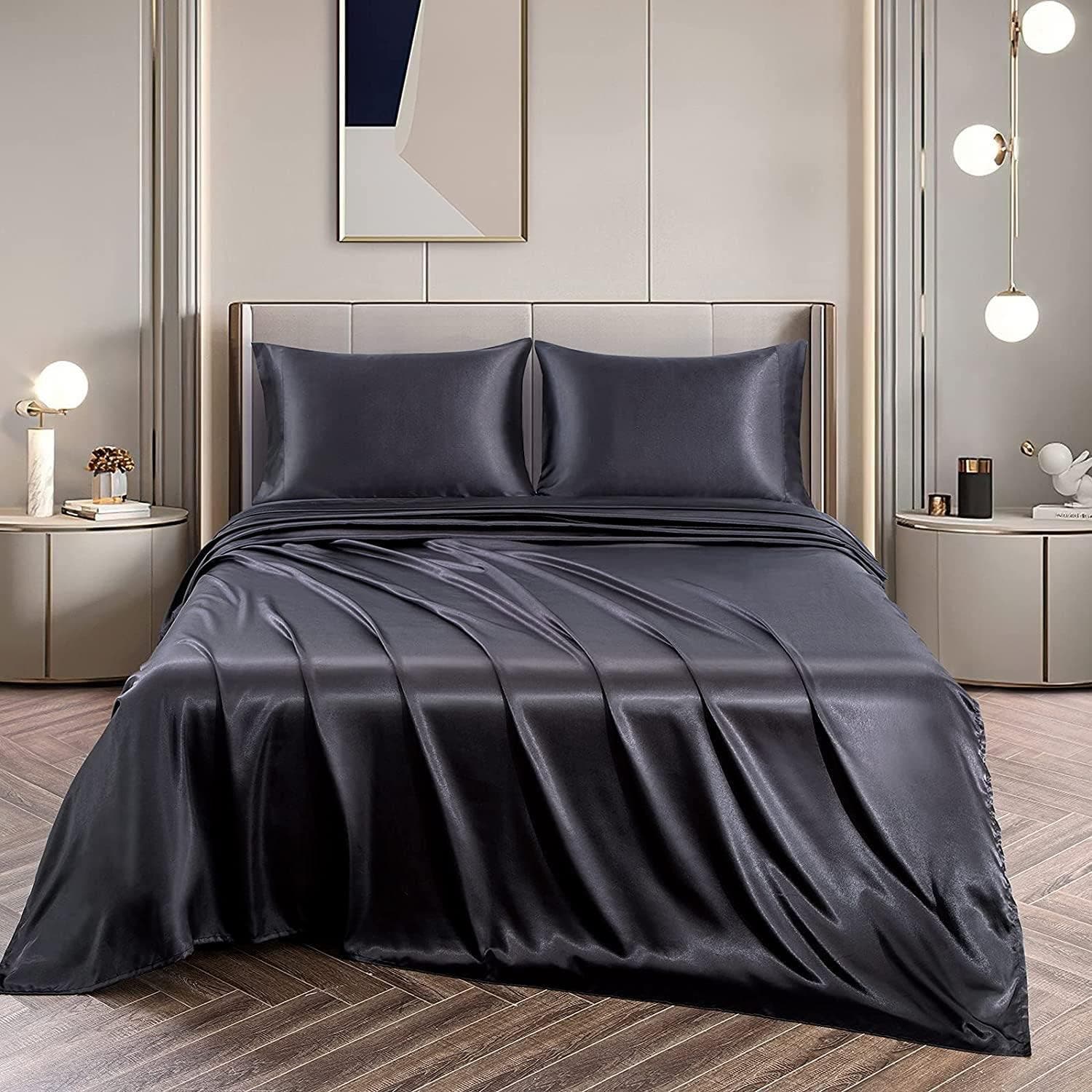 Carla Home Vikus 2000TC 4Pc Silky Satin Queen Flat Fitted Sheet Set - Black
