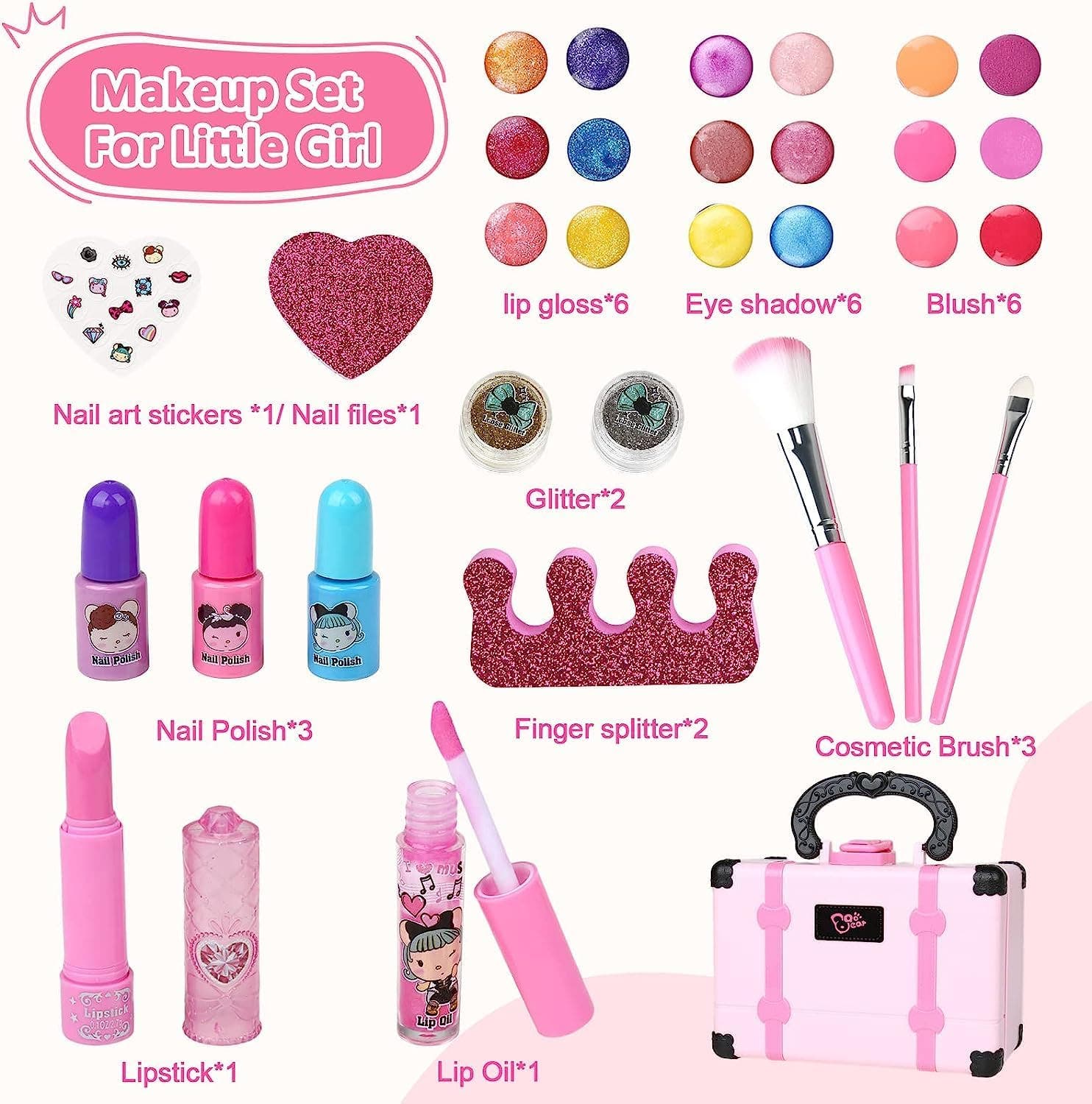 Carla Home Vikus 36Pc Pretend Kids Washable Non-Toxic Makeup Kit & Mirror Kit