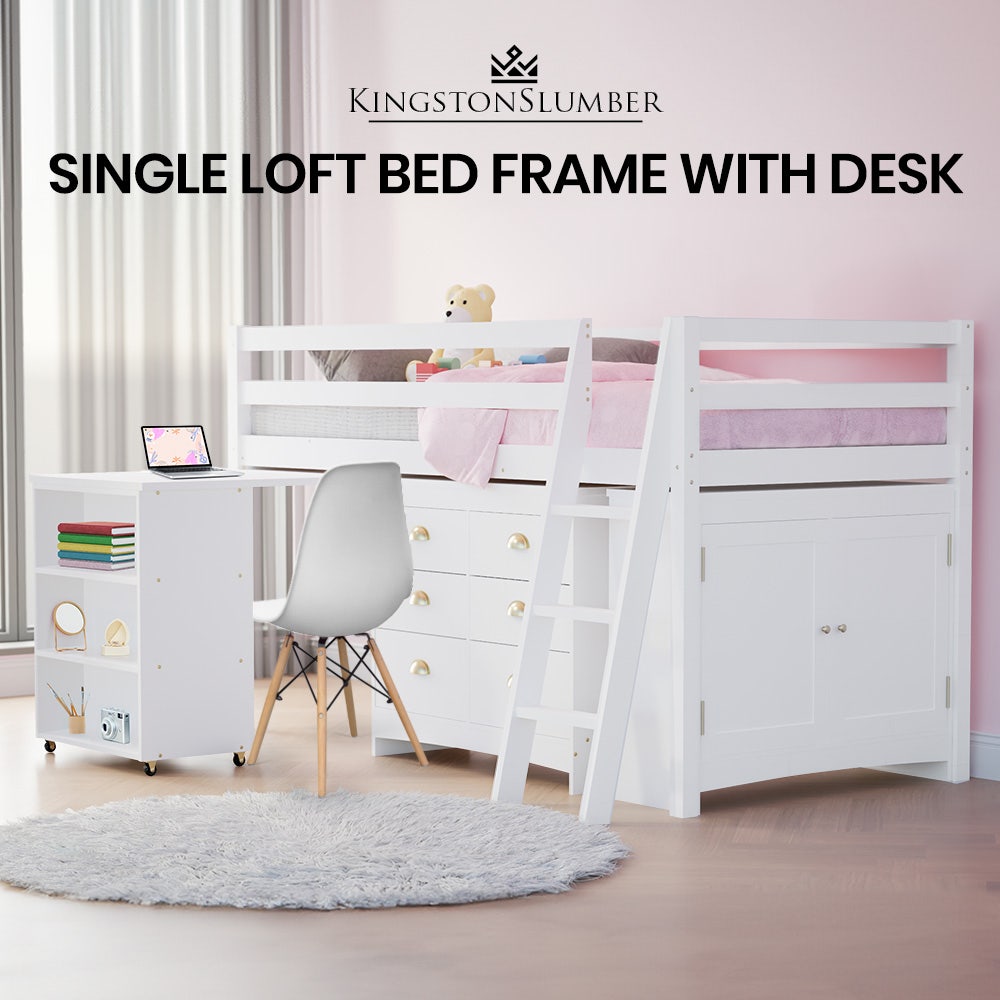 KINGSTON SLUMBER Wooden Kids Single Loft Bed Frame with Pull Out Desk, Storage Drawers, Cabinet - White