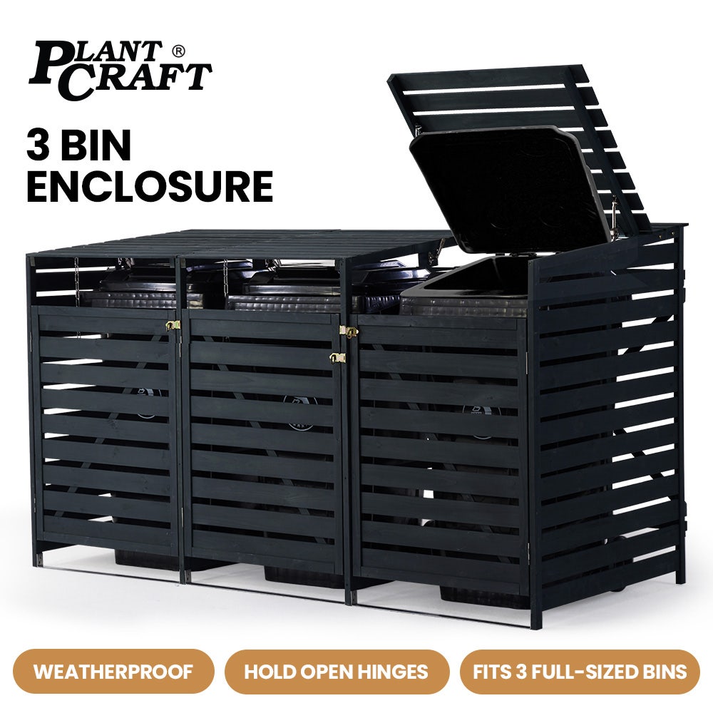 PLANTCRAFT Triple Wood Wheelie Bins Storage Shed, 3 Door Garbage Rubbish Bin Enclosure