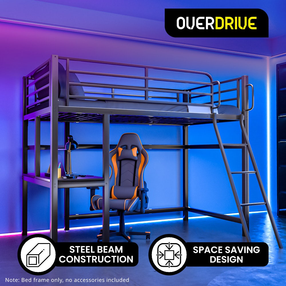 Gaming Loft Bed with Desk, Steel Metal Frame, Space Saving Design, for Single Mattress, Matte Dark Grey