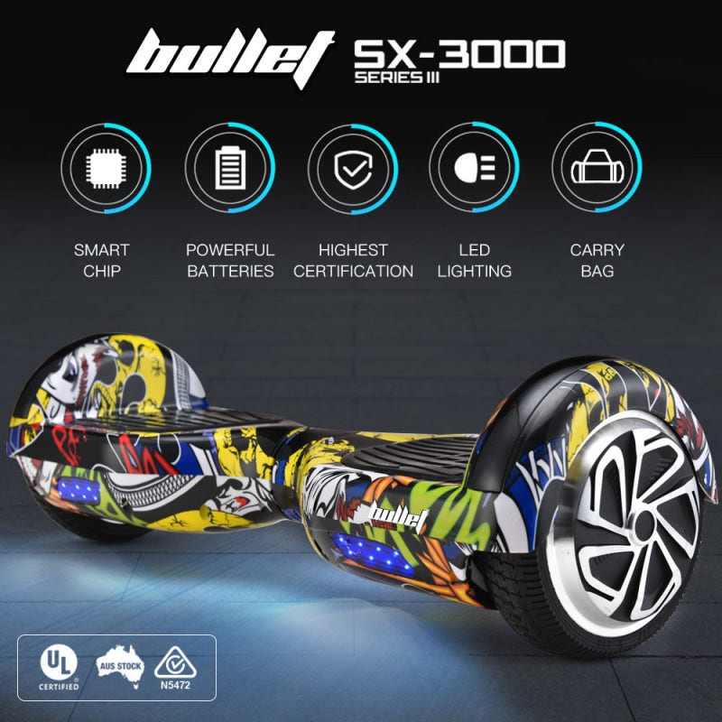 BULLET Gen III Hoverboard Scooter, Superior Self Balancing System, Dual Copper Motors, UL Certified, 6.5" Wheels, LED Lights, Carry Bag, Hiphop Design