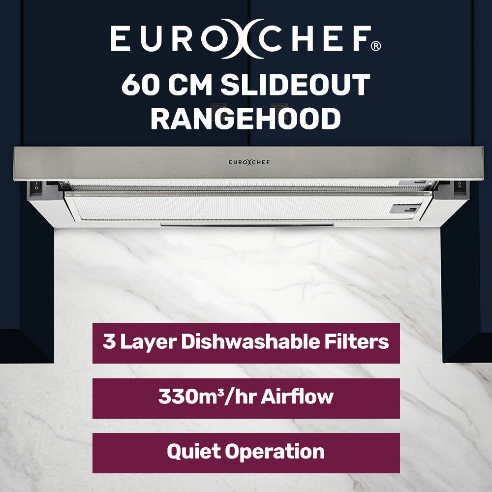 EUROCHEF 60cm Slideout Stainless Steel Rangehood, Quiet 2-Speed, 3-Layer Dishwashable Filters, Halogen Lights ESR60S