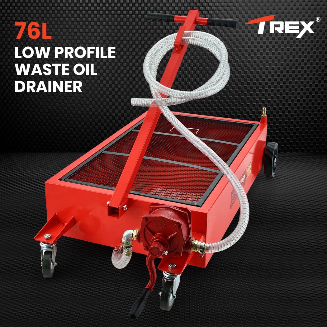 T-REX 76L Low Level Mobile Truck Waste Oil Fluid Drainer Pan, Hand Pump, for Workshop
