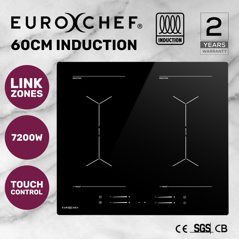 EUROCHEF 60cm 4 Zone Induction Cooktop, 7200W Electric, Dual Link Bridged Zone Hobs, Touch Controls